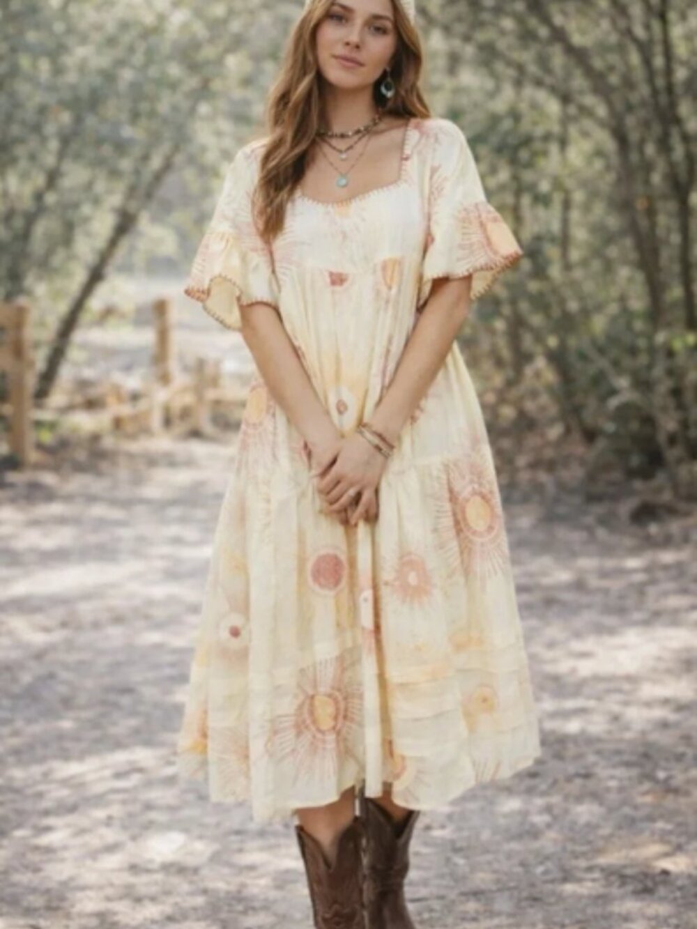 Cream Boho Tiered Gauze Dress with Pink Sunburst Print